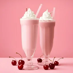 a series of four milkshakes, with whipped cream and a cherry, in the style of light pink, mid-century, large-scale photography --ar 2:3 --style raw --v 5.1