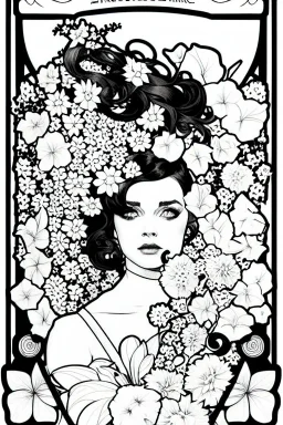 black and white, thick line, coloring book illustration, lineart, stunningly beautiful woman in flowers, ross tran, alphonse mucha