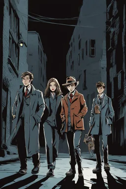 Design a detective book cover for teenagers. Three teenage detectives wear modern cloaths and black cat in the centre, one boy on her left, the girl in the centre and one on her right are on the town street. Banksy style, modern comic book style, mysterious atmosphere,