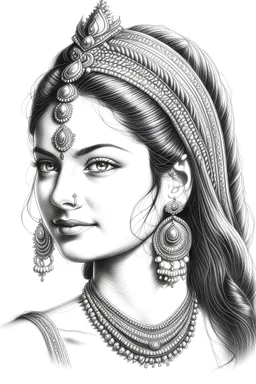 Draw a pencil sketch with white background of the face of a beautiful lady having hair on her shoulders and wearing traditional Indian jewelleries