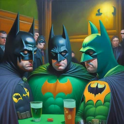 An oil painting of a dark universe masonic sad drunk batman cosplay convention, green batman, orange batman, cyan batman, white batman. Fish eye lense.