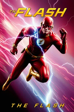 1/4 side view, looking at the viewer, Movie Poster - "THE FLASH" - A massive, thick, extremely muscular, 7'8" tall man, ((skintight, formfitting, long-sleeved, red spandex bodysuit:1.5)), ((gold knee-high boots:1.5)), ((gold wrist gauntlets, red fingerless gloves, gold, double holstered utility belt:1.5)), ((skintight, formfitting, red spandex helmet with red eye disguise,:1.5)), Running in the speedforce, multicolored lightning emanating from his body, an overly exaggerated muscular stature