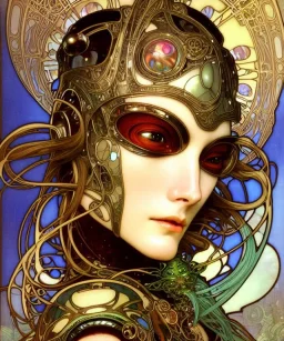 Realistic detailed face portrait of a beautiful futuristic beautiful top model in opudesignlent alien glass armor by alphonse mucha, ayami kojima, amano, greg hildebrandt, and mark brooks, female, feminine, art nouveau, ornate italian renaissance cyberpunk, iridescent venetian blown glass, neo - gothic, gothic, character concept