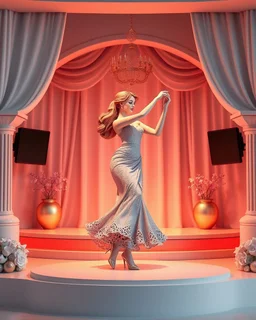3d recusive stage with modern 3d structre and modern decoration a godoss lady dancing salsa with cute ,the background is evolving and animating