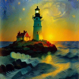 Fantasy, light house, Rocks, lighting, surreal, waves crashing below on the Rocks , 8k, sunset, sketch by Van Gogh in oil