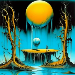 fat golden moon draining into a golden waterfall forming a golden reflecting pond, in a dark cyan forest, neo surrealism, by Salvador Dali, by Gerald Scarfe.