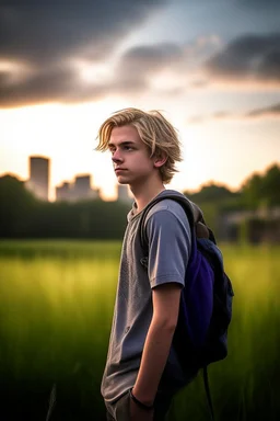 A detailed photo of a handsome fifteen year old boy wearing a used backpack standing in a field with an abandoned city skyline in the background, shaggy blond hair, wearing a ripped tee shirt and dirty shorts, sunset, tall grass, bright colours, vast landscape, cinematic photography, high resolution, high quality, highly detailed.