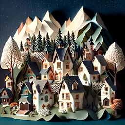 Perched amidst the awe-inspiring mountains, a collection of quaint village houses form a delightful tableau, embellished with the intricate details of papercurl illustration. Towering trees stand tall, casting gentle shadows on the surrounding landscape, creating a serene ambiance.
