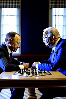 Vladimir Poutine playing chess against Joe Biden in hello. The devil is watching the game.