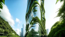 Futuristic skyscraper with a biomorphic design, lush vertical gardens, and soaring glass facade, inspired by Zaha Hadid, photographed by Candida Höfer --ar 16:9 --c 3