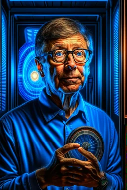 portrait of bill gates holding a dna patent in the style of giger, spray paint, photo realism, trending on art station, 8k, depth of field, down light, light rays, volumetric, white hall in spaceship, blue, brown and orange