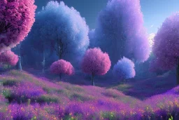 monde en fleurs bleu pink fuksia, concept art, crépuscule , trees bleu pink violet oranger, vibrant Color, réaliste