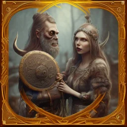 old viking with his zombie wife, scary, steam punk, realistic, made in octane, cinematic, ultra-realistic, extremely detailed octane rendering, 8K, VRAY Super Real ar 2:3, dof photorealistic futuristic 50mm lens hard lighting dark gray tintype photograph, realistic lighting, sepia color