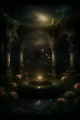 magical overgrown secret garden, roses, ivy, fountain, twilight, moon, stars dark tones, warm tones