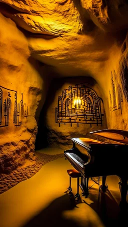 A golden yellow cave with music notes designed in ancient Egyptian hieroglyphics painted by Pablo Picasso