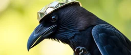 crow dad, faceted portrait, wearing mirror hat, climbing lader