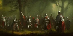 an medieval army in the Woods, oasis , dark , , night , realistic