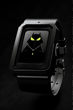 "Produce an artistic rendering of a Batman-themed smartwatch. The watch should have a modern, high-tech design with a square, touchscreen face. The bat logo on the watch face should be integrated seamlessly into the interface, with a dark and minimalist theme. Showcase the watch on the wrist of a person in a stylish, contemporary setting."