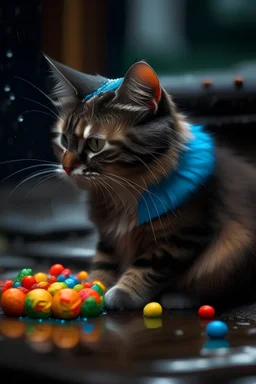 a cat in the rain eating candy