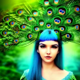 sourceress girl, beautiful, cute, intricate plants in the hair, blue bird fly, peacock skin, misterious smile, like an elf, tiled, sun ray, high definition, cinematic, rendering