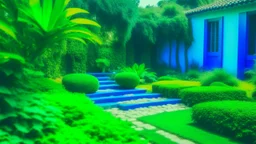 Contemplative and realist photo of a Portugal garden. Shapes are grainy and with a little blur. Colors are vivid, electric blue, electric green and electric grey.