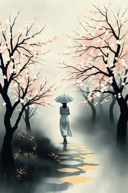 white and gold, Alone woman walking through a windy misty magic cherry-trees garden with umbrella in the serene atmosphere. Sumi-e influence delicate strokes, tranquil garden setting, contemplative ambiance, abstract and evocative, soft yet defined details, deep rich colors, magic lighting,