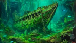 Underwater shipwreck, oil painting, featuring a sunken wooden ship resting on the ocean floor, surrounded by rocks and marine life, the ship is heavily encrusted with algae and barnacles, with tattered sails and broken masts, the water is a deep turquoise color, with shafts of light filtering down from the surface, the rocks are covered in coral and seaweed, and small fish swim around the wreck, the painting is done in a realistic style, with attention to detail in the textures of the wood, meta