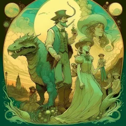 civilizations surrounding on the teeth of a gigantic lizard, laborious farmers and family workers walking on the tongue, moon light, mystical vibes, alphonse mucha style