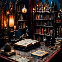 Detailed creepy living-room made of modeling clay, books, furniture, haunted, very accentuated details, Tim Burton, strong texture, extreme detail, Max Ernst, decal, rich moody colors, sparkles, Yves Tanguy, bokeh, odd