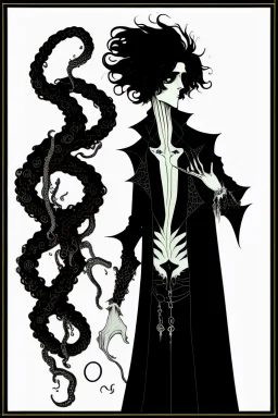 black haired young man necromancer wizard with gothic jewelry and tentacle fingers in the style of Aubrey Beardsley