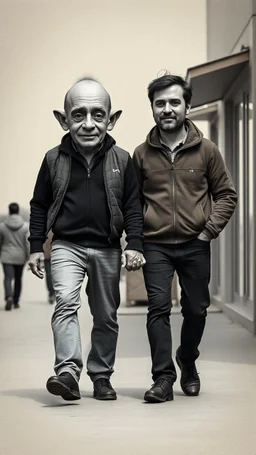 A man with very big head and small body walking with a man with small head but big body hand in hand