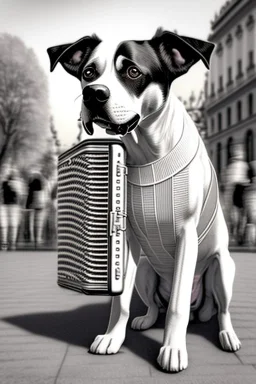 One single mature dog, friendly, playing accordeon, vienna, sunny day, perfect iris, model style, hyper realistic, extremely accurate, delicate, extremely detailed, Graphic novel style, colours, wide-angle, open aperture, superfine pencil