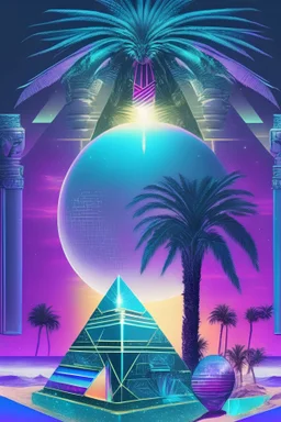 vaporwave, tarot card, palm trees, crystal ball, pyramid, galaxy, horus