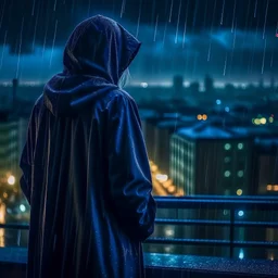 girl in a raincoat, watching the empty city, at midnight, dark grey colours, rainy, atmospheric, photo quality
