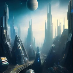 ville futuriste cosmique, mignature, atmosphere transparente, fond de galaxie