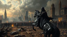 cyberpunk interpretation of Bruegel's "The Triumph of Death", capturing the symbolic "harvest" of humanity. this is terror. A dystopian metropolis under smog sky, where cybernetic grim reapers are executing physical harvest. Many of humans citizens killed an army of cyberwarrior androids and robots, panicking people, many bodies lying on the ground. In the foreground, a cyber-death warrior in black hood with futuristic gun, on a mechanical horse, thriller