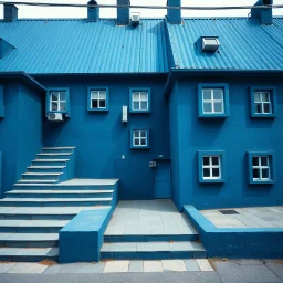 Fotografia di strada assurda e falsa orripilante blu weirdcore dai colori vivaci, liminalcore. Escher. Scale che scendono. Yves Tanguy. Non luogo falso, inusuale. Le case sono false e dipinte di nero chiaro con cose stilizzate e dettagli. Ci sono finestrelle false quadrate, che danno un senso distopico e molto surreale, disposte in modo casuale. L'atmosfera generale sembra noiosa e onirica, con un contrasto tra elementi reali ed elementi dipinti falsi, René Magritte, oddest things