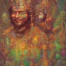 homme portrait oiseau couleurs vives sourire dans une forêt de champignons psychédéliques mantra shiva