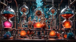 3D rendering of expressively detailed and intricate of a hyperrealistic chemistry laboratory experiment: front view, colorful paint, tribalism, steampunk, shamanism, cosmic fractals, dystopian, octane render, volumetric lighting, 8k post-production, detailed metallic objects, dendritic, artstation: award-winning: professional portrait: atmospheric: commanding: fantastical: clarity: 16k: ultra quality: striking: brilliance: stunning colors: amazing, beautiful, stunning composition