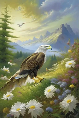 :في أرض بعيدة، حيث الأزهار الساحرة ترقص مع نسمات الهواء، نسر كبير يحلم بمغامرات عظيمة.