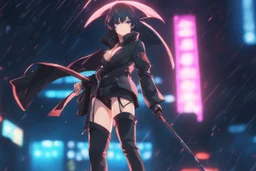 tsukuyo in 8k anime artstyle, ninja them, normal eyes, close picture, neon effect, rain, apocalypse, intricate details, highly detailed, high details, detailed portrait, masterpiece,ultra detailed, ultra quality