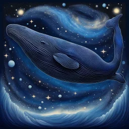 Create an image of a colossal, surreal whale dominating the foreground, blending into a starry night. The whale itself is a deep, cosmic blue with celestial bodies and stardust spiraling within it, suggesting a galaxy. It features intricate patterns and textures that reminisce the surface of a planet. The galaxy is alive with motion, reflecting the light of a super star (blue) that glimmers. The transition is seamless, symbolizing a cosmic fusion of whale and space, hinting at the vast and myste