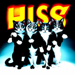 Four cats dressed as KISS band members, each with iconic black-and-white face paint and rock costumes, standing in a dramatic pose under the word 'HISS' in bold orange-yellow gradient letters with lightning bolt-style 'S', parody style, humorous and theatrical atmosphere, studio lighting, sharp details.