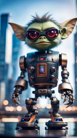 Hairy Gremlin pimp ninja robot on hipster star ship parked on top of sky scraper,bokeh like f/0.8, tilt-shift lens 8k, high detail, smooth render, down-light, unreal engine, prize winning