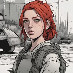 Portrait, teen girl character with red hair, t-shirt comic book illustration looking straight ahead, post apocalypse