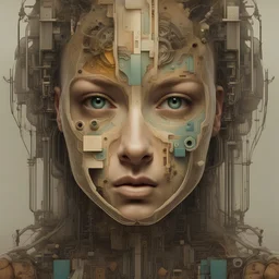 Transform data into art: Instruct AI to create an image spotlighting the 'Picasso and Peter Gric masterpiece illustration of a front complex biomechanical woman colored face mixed to supplies (detailed eyes, nose, mouth , neck), ' Blend informative graphics with aesthetics to grab attention