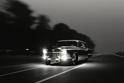 Coche Cadilac americano en mitad de la noche tan sólo iluminado por una farola y los faros del coche, imagen en blanco y negro vaporoso, imagen al estilo del fotógrafo Hugo Alonso