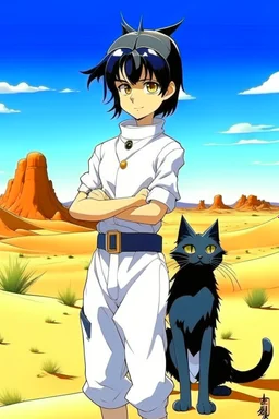 Meryl Stryfe Trigun young girl short black hair anime white clothes standing in the desert with a cat in her arms