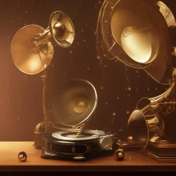 gramophone, interior library, big window, rain sunset outside, high details, 8k, hyper realistic