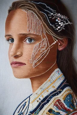 Hand sewn and embroidered Alicia Vikander, threads, sewing needles